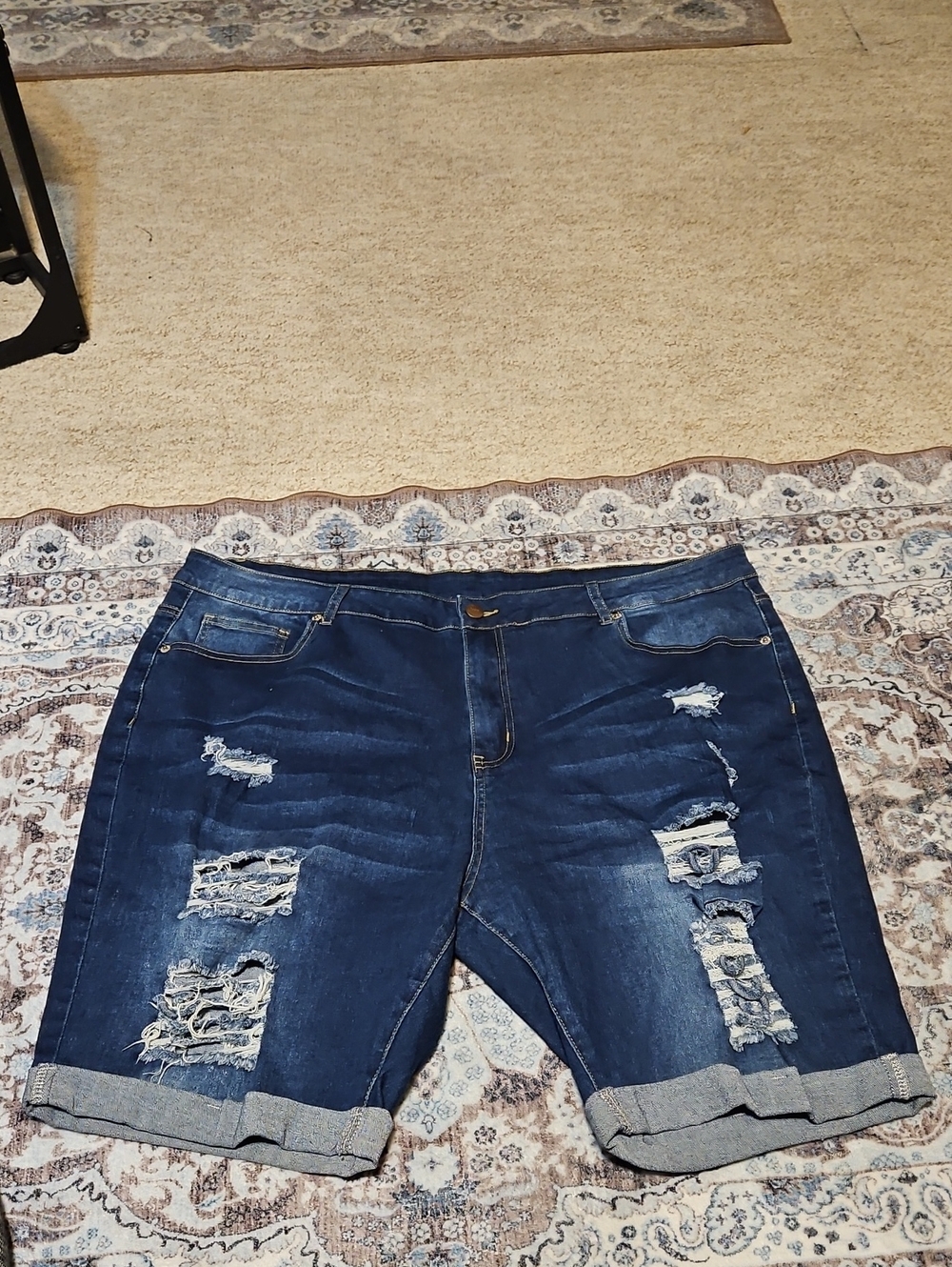 Distressed Dark Blue Rolled Cuff Jean Shorts for Women